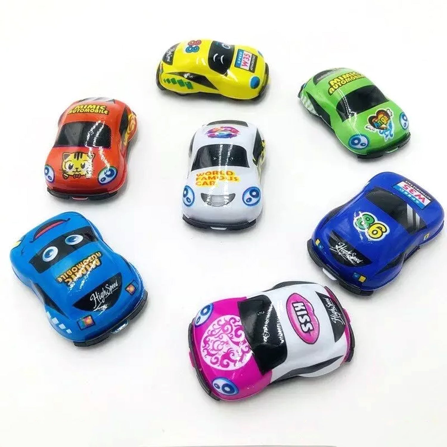 Group of mini pull back cars, showcasing different designs for children. Group of mini pull back cars, showcasing different designs for children.